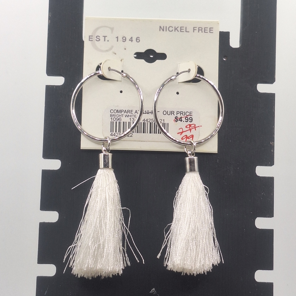 Elegant White & Silver Tone Tassel Hoop Earrings